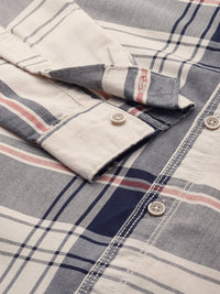 The Indian Garage Co Men Cream-Coloured & Navy Blue Tartan Checked Shirt