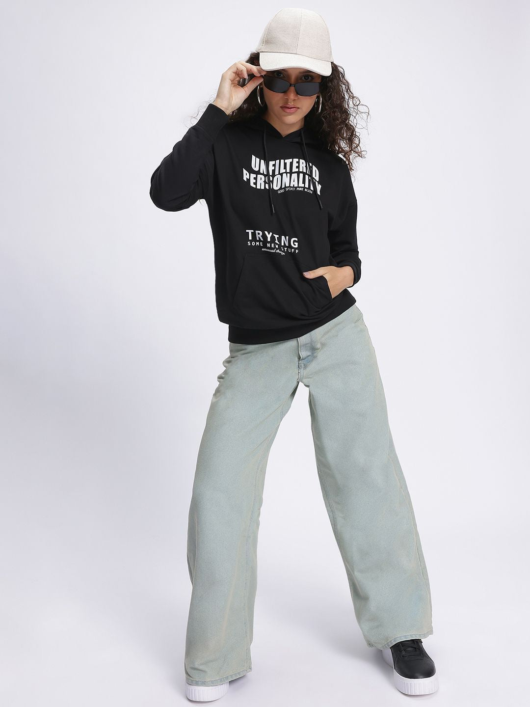 DressBerry Monochrome Typography Print Hooded Drop-Shoulder Sweatshirt
