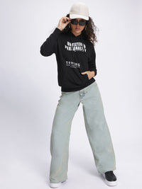 DressBerry Monochrome Typography Print Hooded Drop-Shoulder Sweatshirt