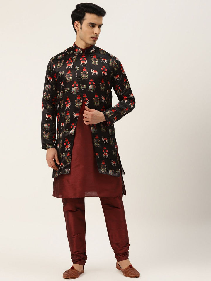 SOJANYA Men Maroon & Black Kurta with Churidar