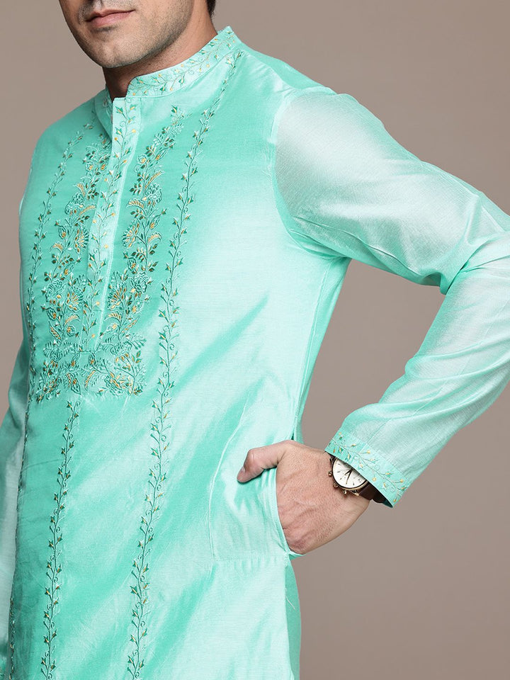 House of Pataudi Mandarin Collar Floral Embroidered Jashn Kurta