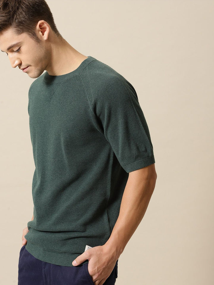 Mr Bowerbird Men Green Solid Tailored Fit Round Neck Sweater Pure Cotton T-shirt