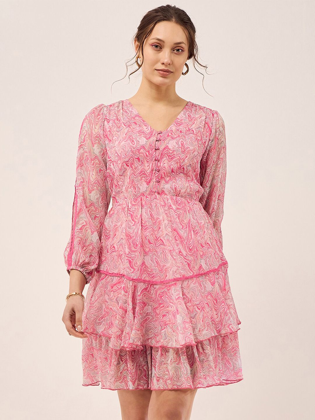 Antheaa Abstract Printed Puff Sleeves Gathered Layered Fit & Flare Dress