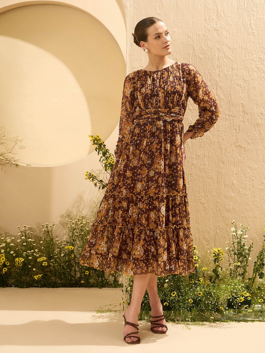 Antheaa Floral Printed Tiered Fit and Flare Midi Dress