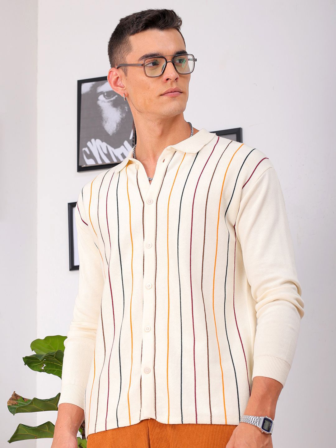 The Indian Garage Co Men Relaxed Fit Striped Flat Knit Polo Resortwear Shirt