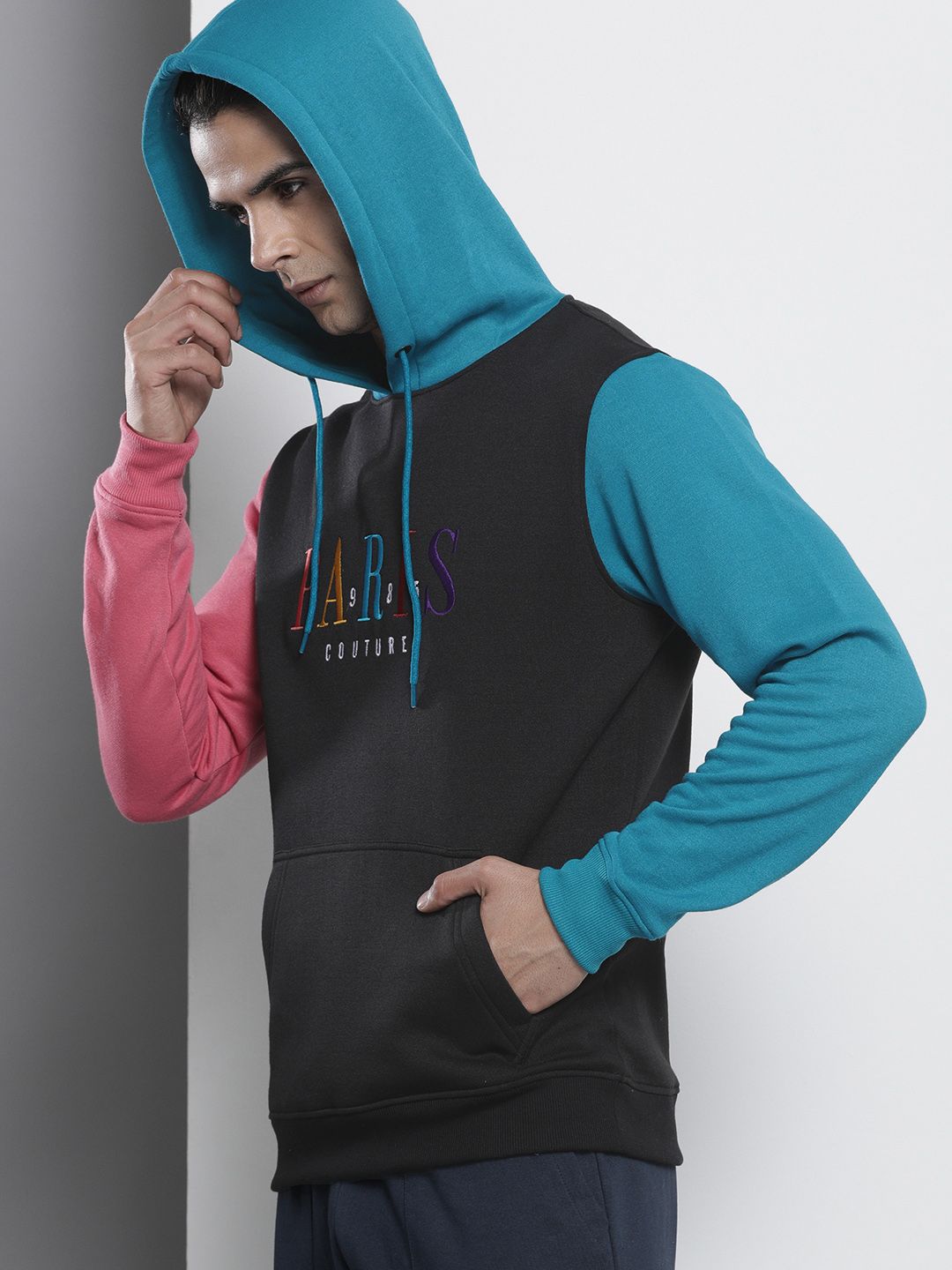 The Indian Garage Co Men Black Embroidered Hooded Sweatshirt