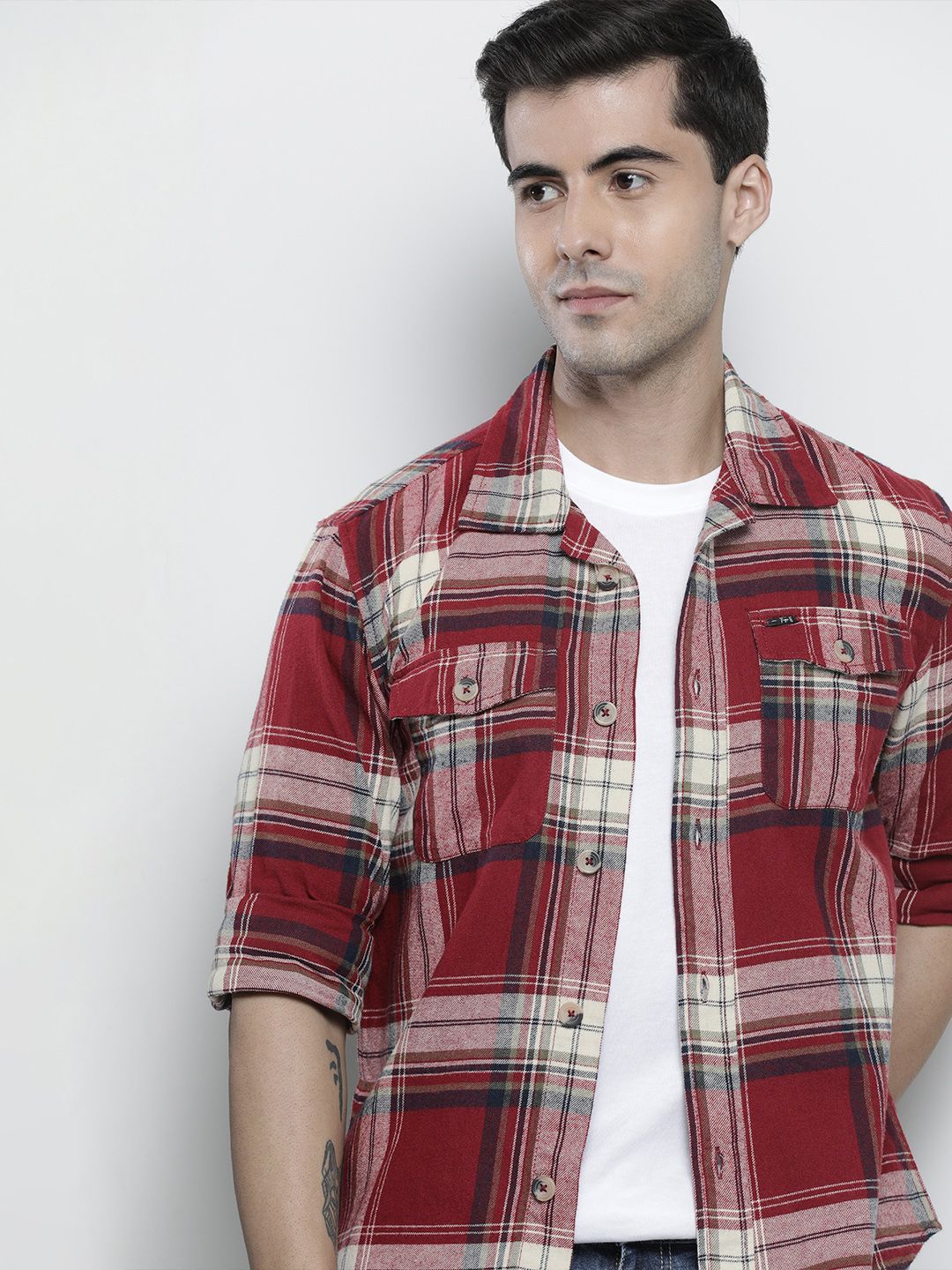 The Indian Garage Co Pure Cotton Regular Fit Checked Double Flap Pocket Flannel Shirt
