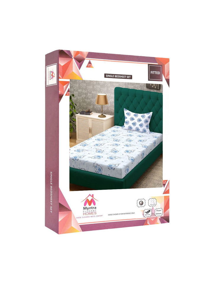 Myntra Elegant Homes Blue & White Floral 400 TC Single Bedsheet with 1 Pillow Covers