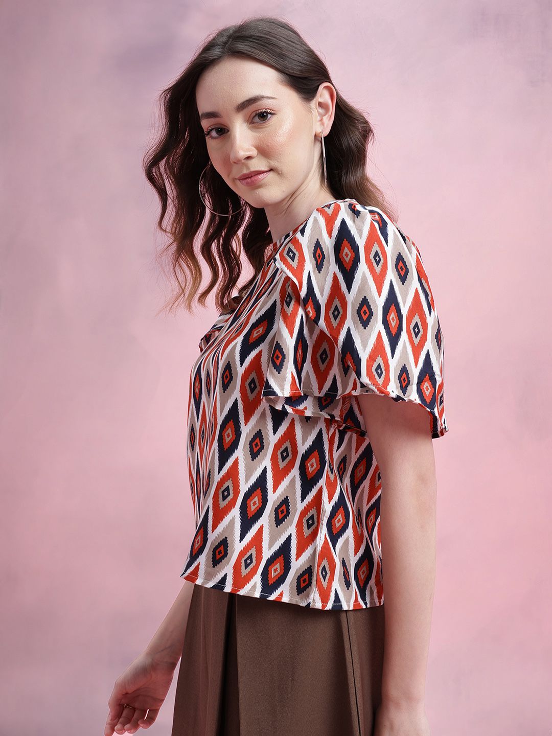 DressBerry Ikat Print Tulip-Style Flared Sleeves Top