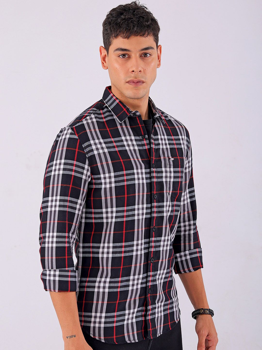 The Indian Garage Co Men Spread Collar Tartan Checked Cotton Slim Fit Casual Shirt