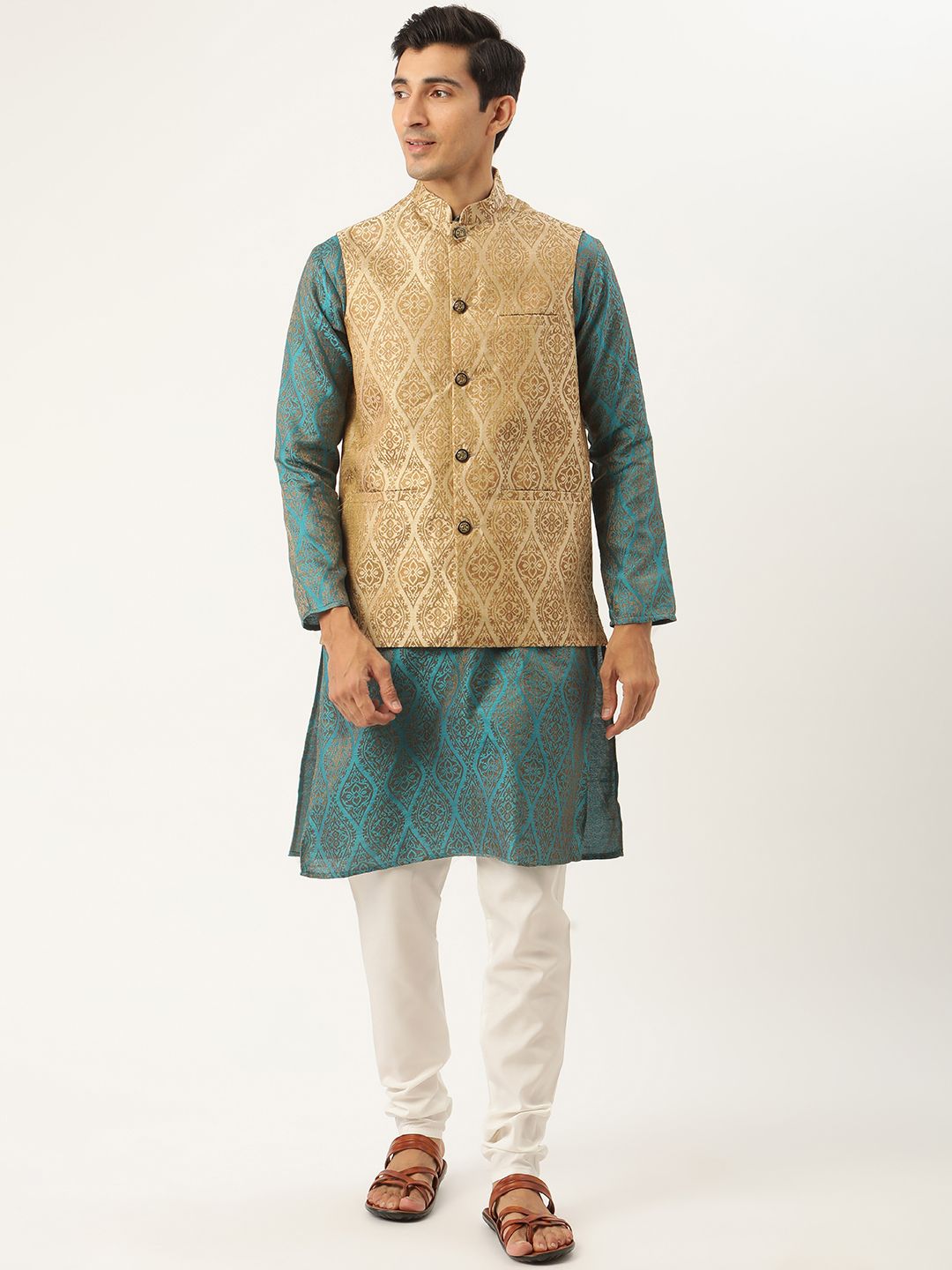 SOJANYA Kurta Motif Etnik Biru Teal & Beige Lelaki dengan Jaket Churidar & Nehru