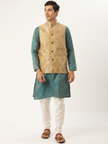 SOJANYA Kurta Motif Etnik Biru Teal & Beige Lelaki dengan Jaket Churidar & Nehru