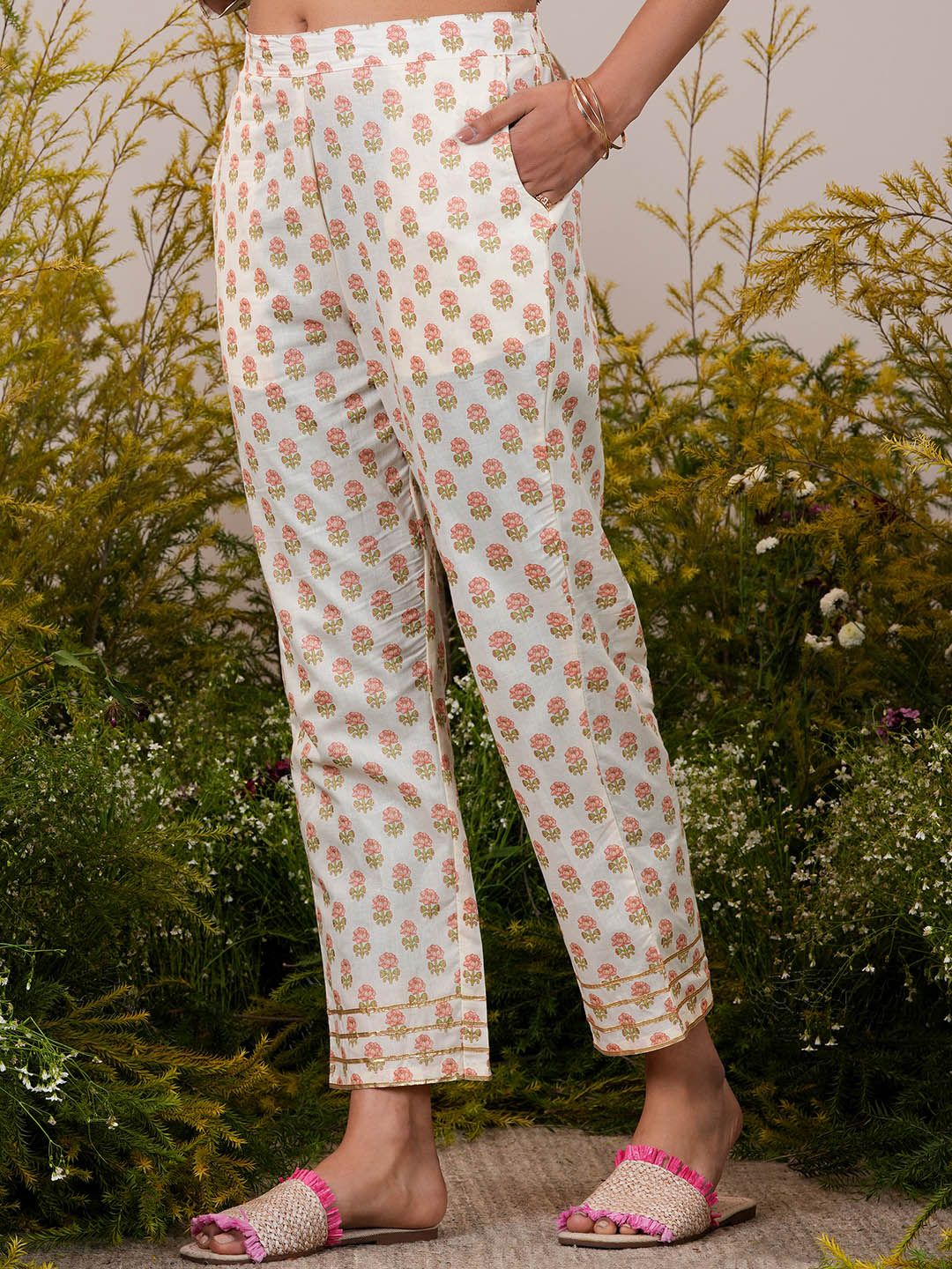 Libas Floral Printed Pleated Gotta Patti Pure Cotton Kurta with Trousers & Dupatta