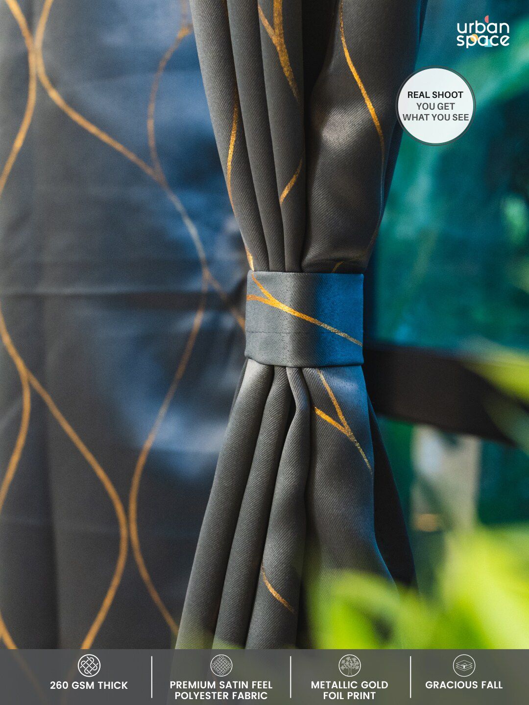 URBAN SPACE Grey & Gold-Toned Printed Black Out Door Curtain