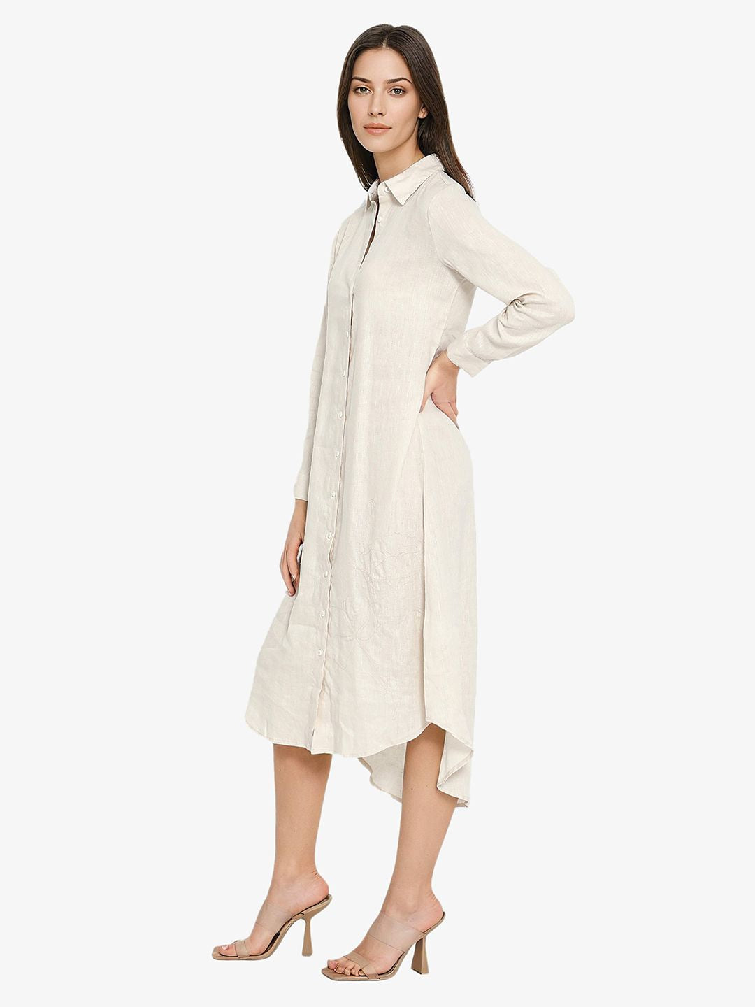 RAREISM Shirt Collar Linen A-Line Midi Dress