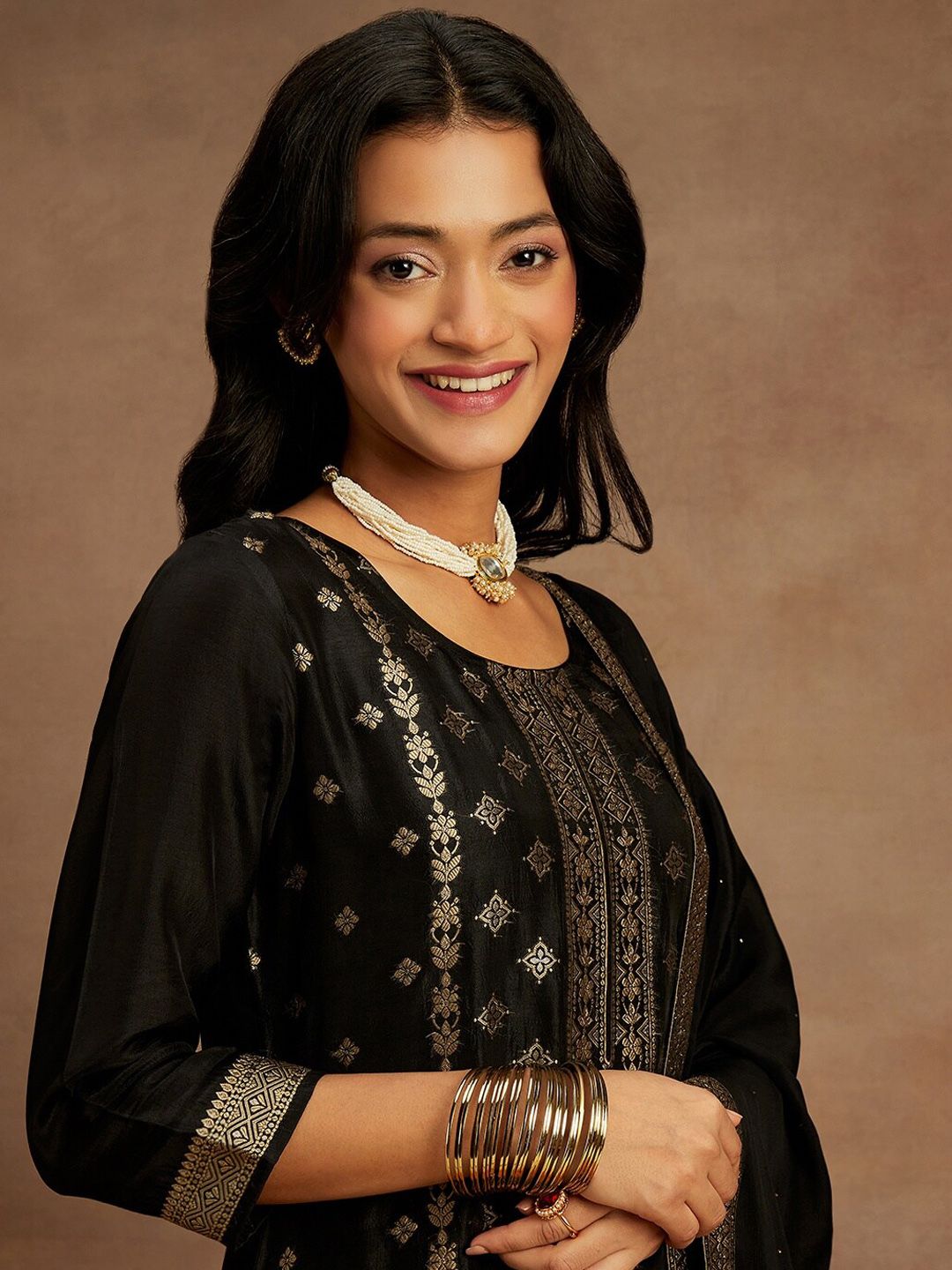 Libas Black Ethnic Motifs Woven Design Kurta with Trousers & With Dupatta