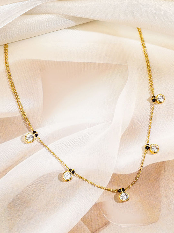 Rubans 18K Gold-Plated Cubic Zirconia Studded Minimal Mangalsutra with Black Beaded Chain