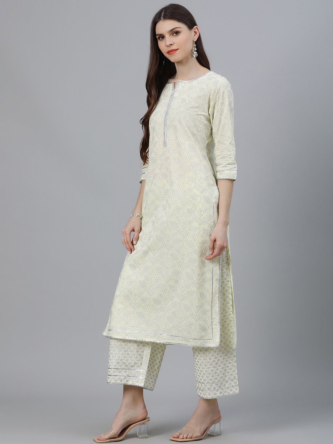 Libas Women Yellow & Silver-Coloured Cotton Printed Kurta with Palazzos & Dupatta