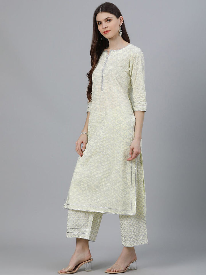 Libas Women Yellow & Silver-Coloured Cotton Printed Kurta with Palazzos & Dupatta