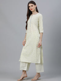 Libas Women Yellow & Silver-Coloured Cotton Printed Kurta with Palazzos & Dupatta