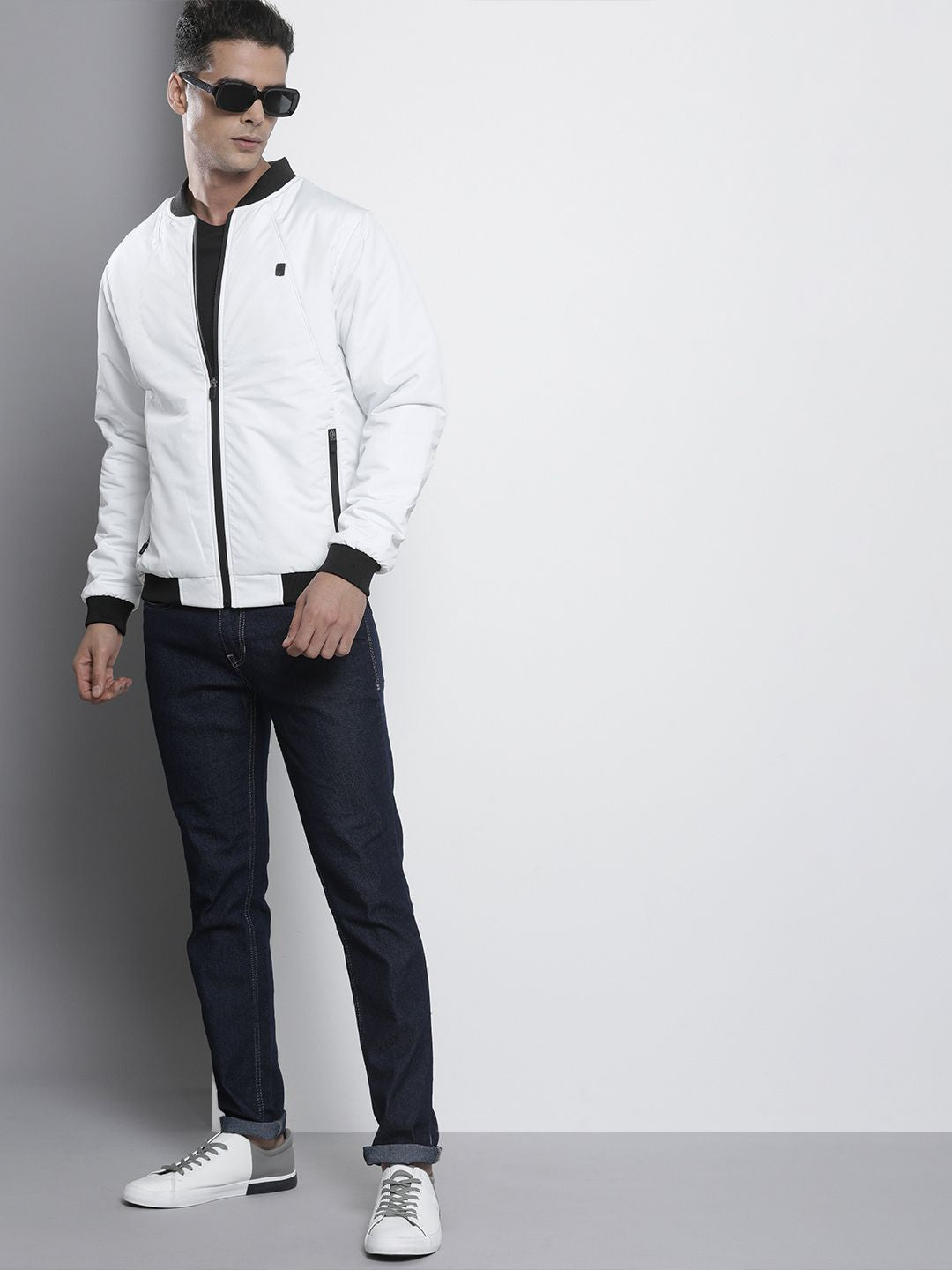 The Indian Garage Co Men Slim Fit Zip-Front Bomber Jacket with Zip Pockets