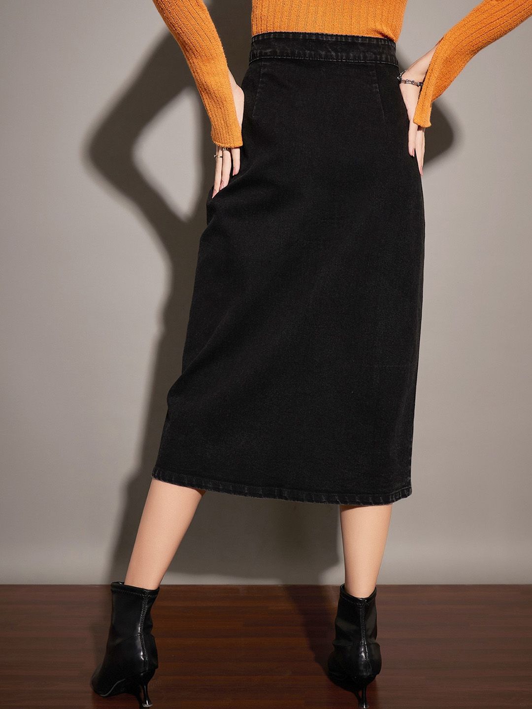 SASSAFRAS Black Front Slit Denim Wrap Midi Skirt