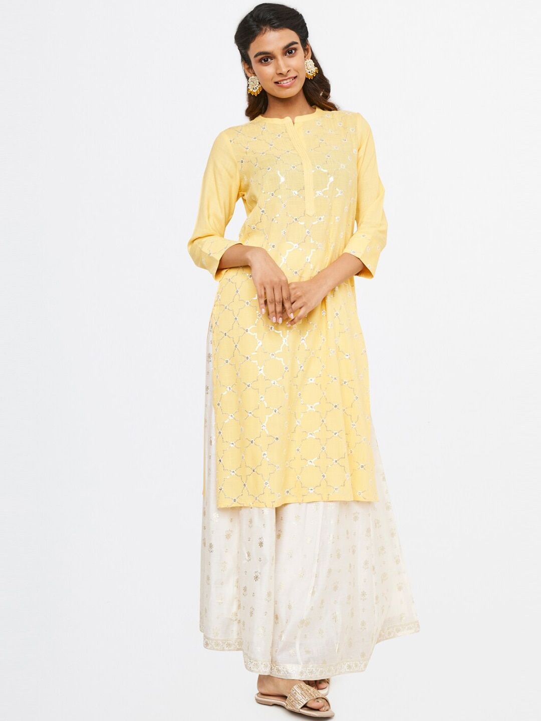 Global Desi Women Yellow Floral Embellished Kurta