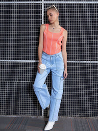 SASSAFRAS Peach-Coloured Square Neck Tank Top