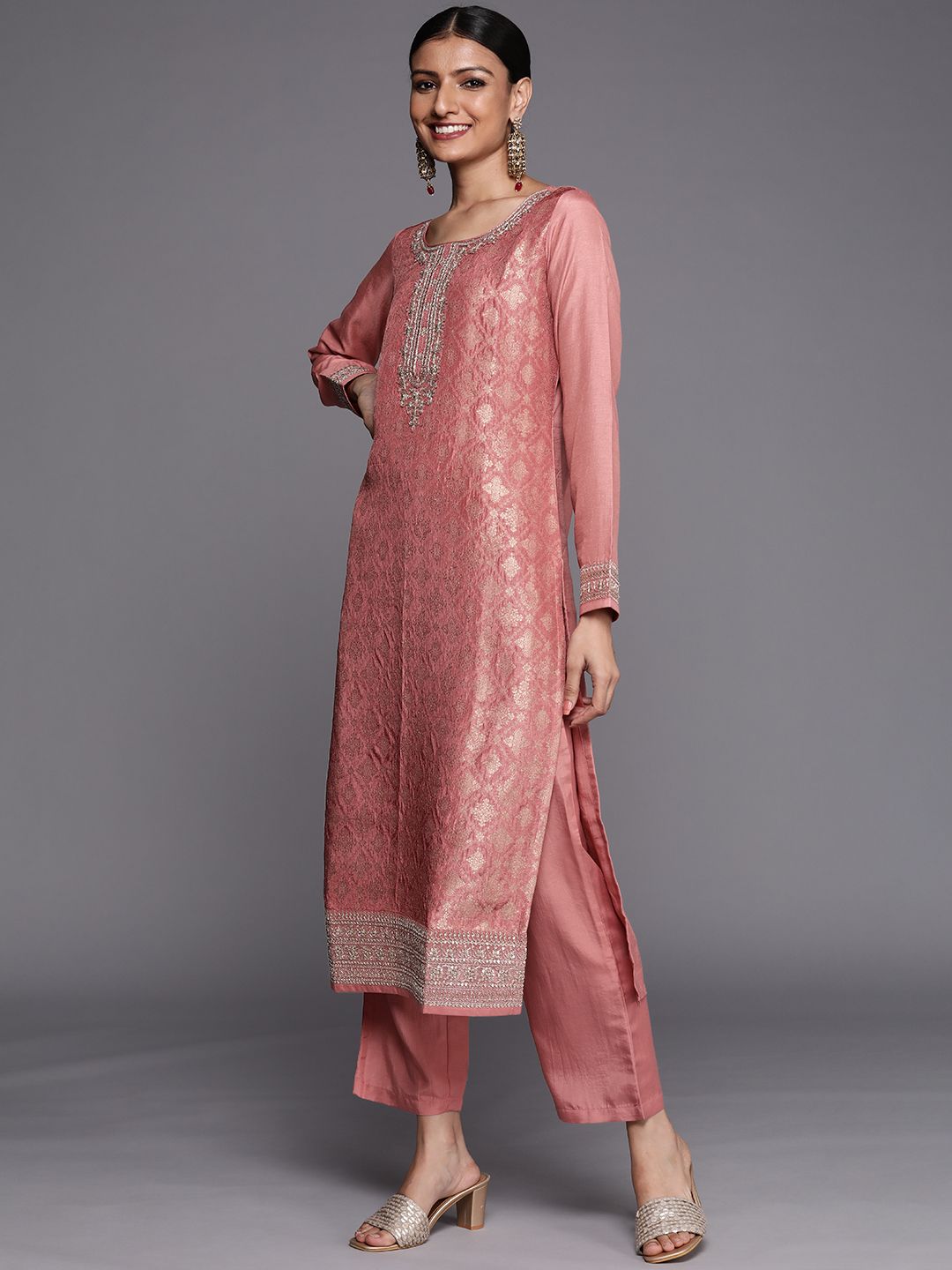 Libas Women Peach-Coloured Floral Kurta with Trousers & Dupatta