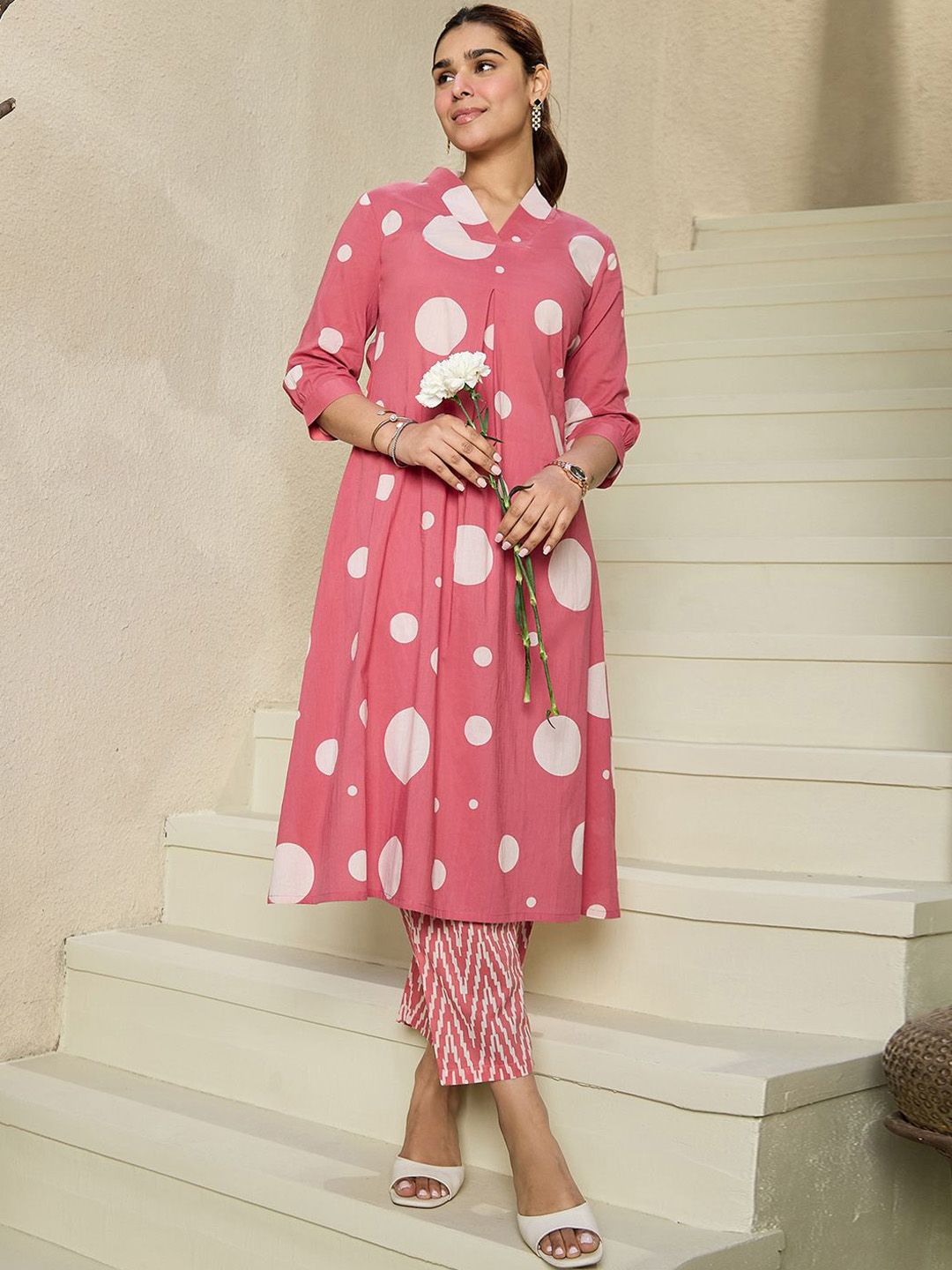 Indo Era Geometric Printed V-Neck Pure Cotton A-line Kurta With Trousers