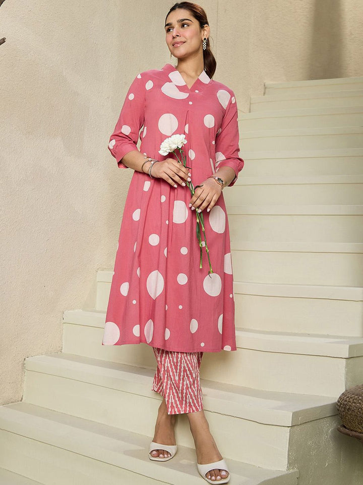 Indo Era Geometric Printed V-Neck Pure Cotton A-line Kurta With Trousers