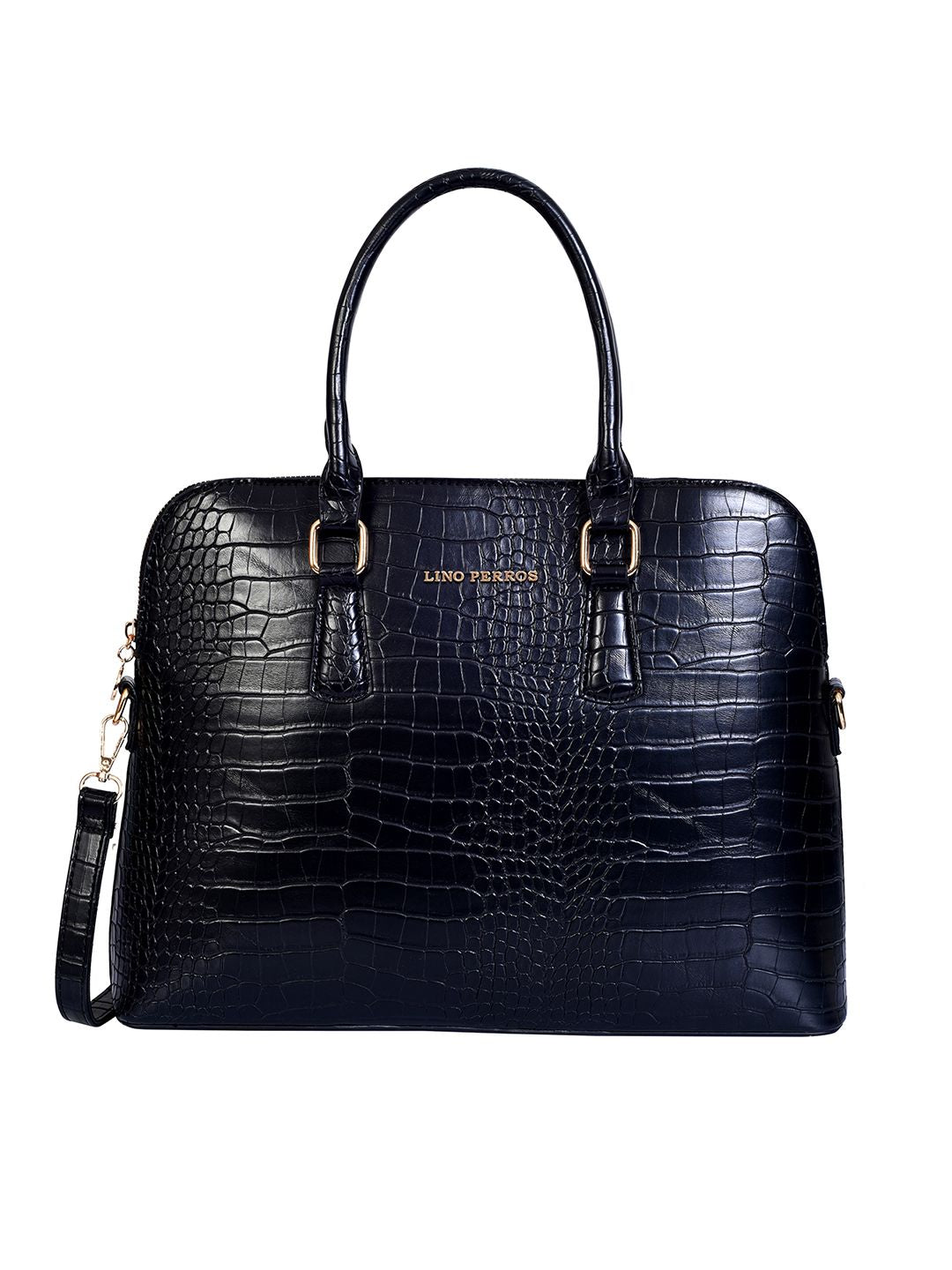 Lino Perros Women Black Croc-Textured Laptop Bag with Detachable Sling Strap