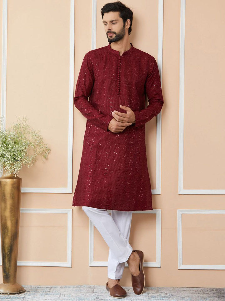 See Designs Mandarin Collar Long Sleeves Thread Work Chanderi Silk Straight Kurta
