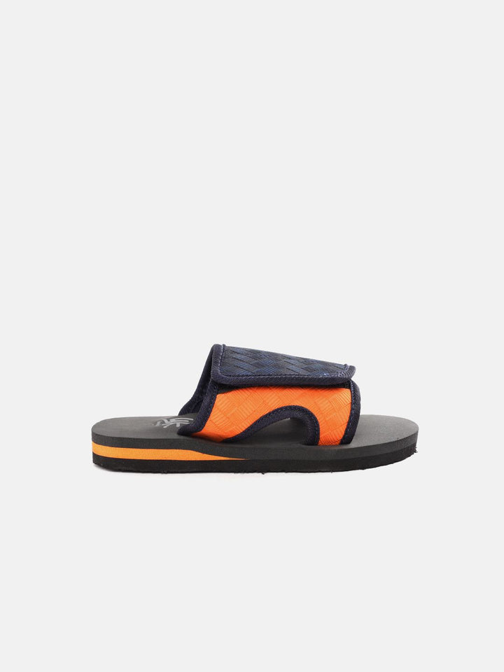 YK Boys Navy Blue & Orange Chevron Textured Sliders with Cut-Out Detail