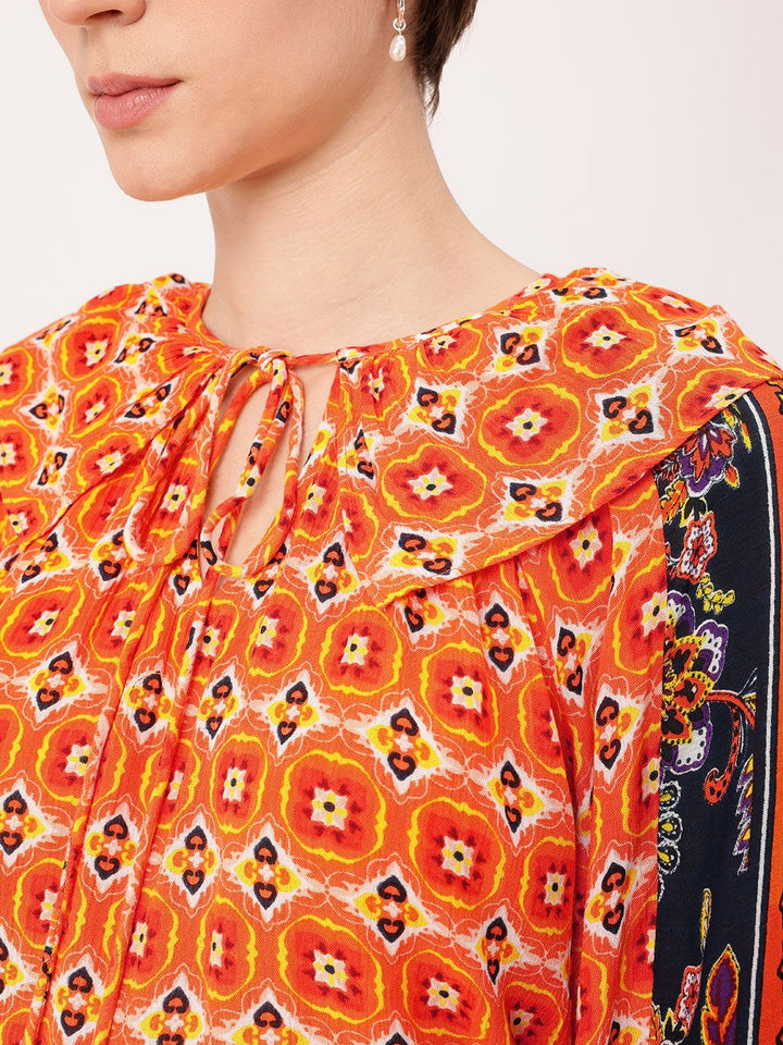 DressBerry Vibrant Vibes Printed Tie-Ups Gathers & Layer Detail Top