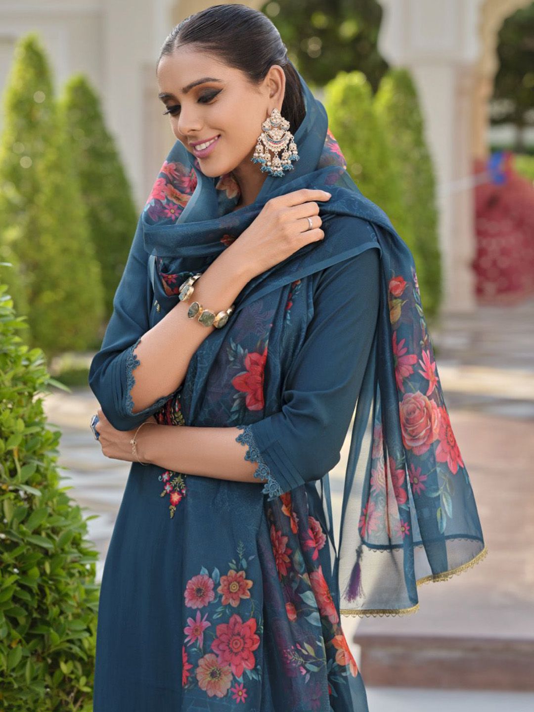 Varanga Floral Yoke Design Thread Work Straight Kurta With Salwar & Dupatta
