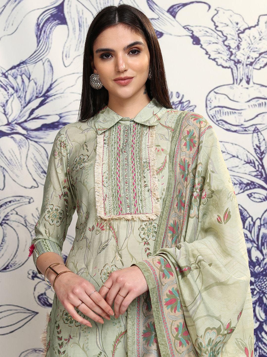Vishudh Green & Red Floral Printed Regular Thread Work Kurta with Trousers & With Dupatta