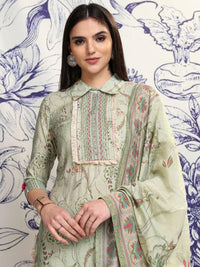 Vishudh Green & Red Floral Printed Regular Thread Work Kurta with Trousers & With Dupatta