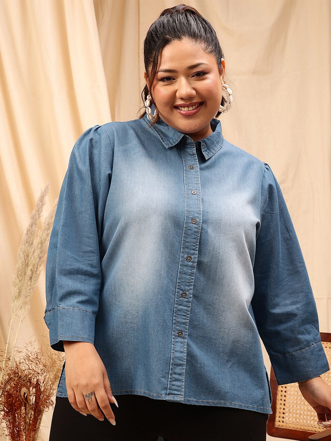 CURVY STREET Blue Comfort Cotton Spread Collar Curved Casual Shirt