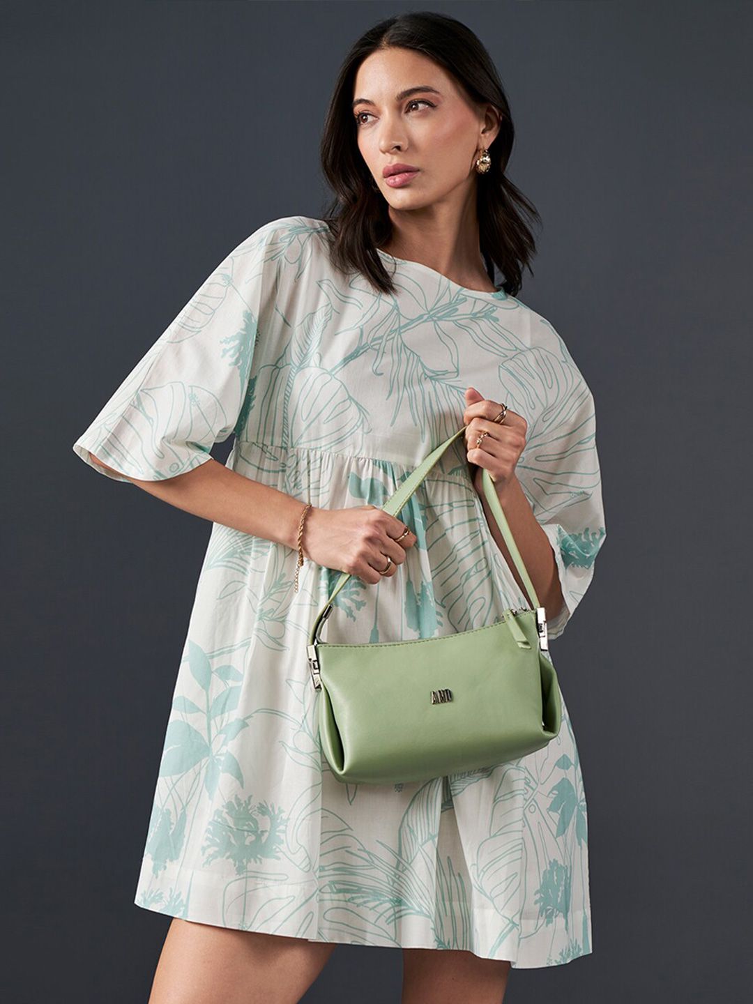 AND Floral Printed Boat Neck Pure Cotton Mini A-Line Dress