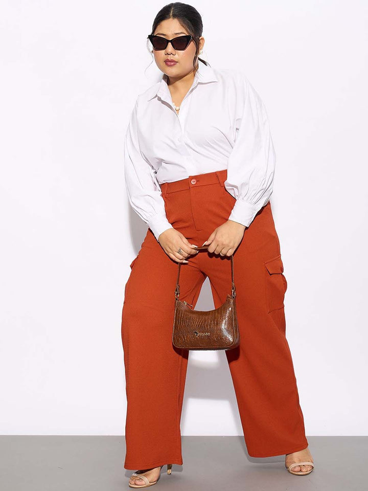 SASSAFRAS Curve Women Plus Size Rust Orange Straight Fit Pleated-Front Cargos Trousers