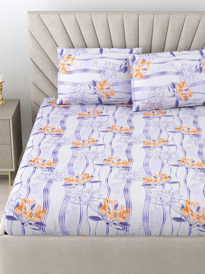 BOMBAY DYEING White & Orange Printed Pure Cotton 120 TC Queen Bedsheet Set 2.24 m X 2.54 m