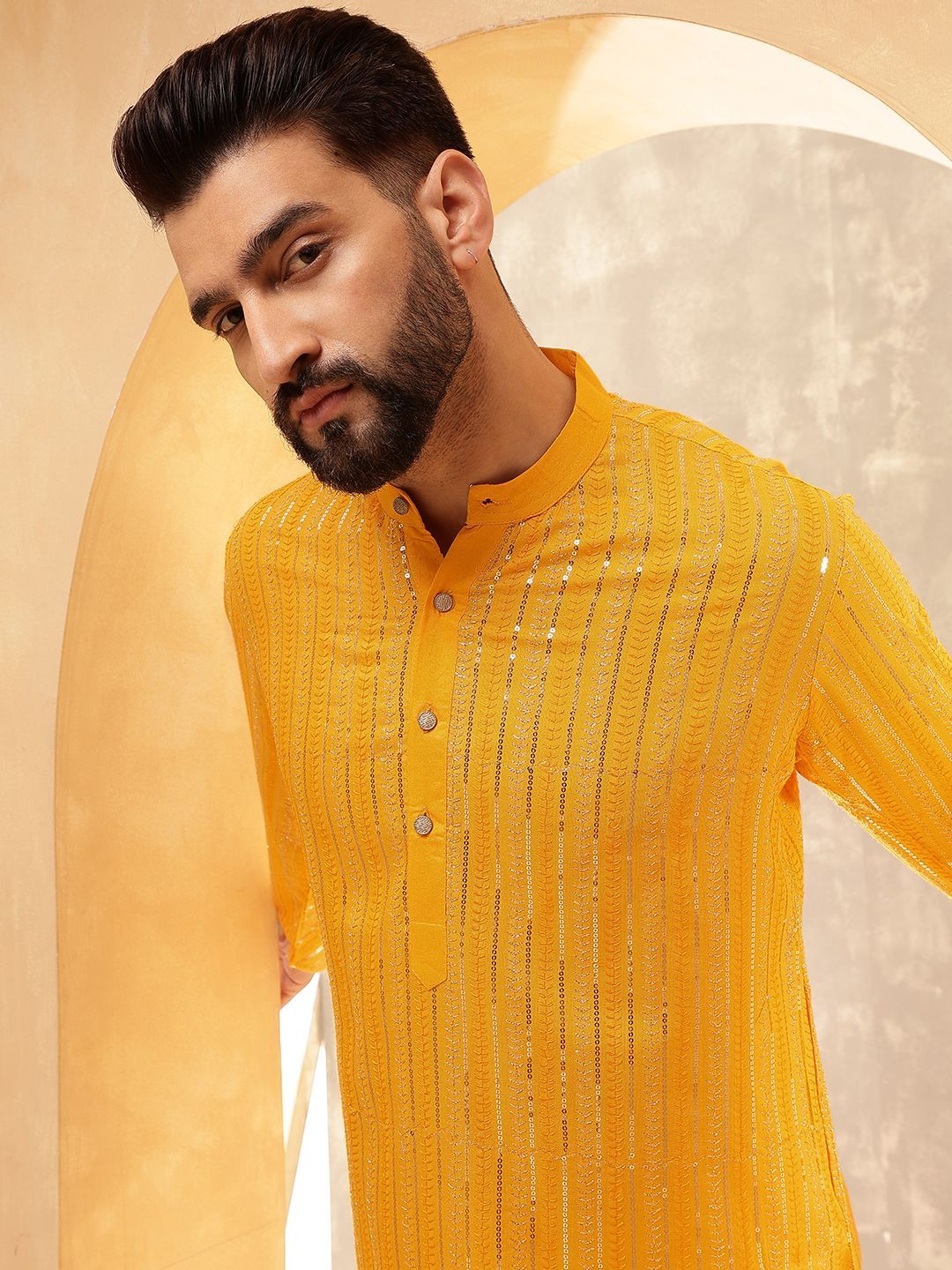 Anouk Mustard Striped Sulam Labuci Mandarin Kolar Kapas Tulen Kurta Dengan Pijama