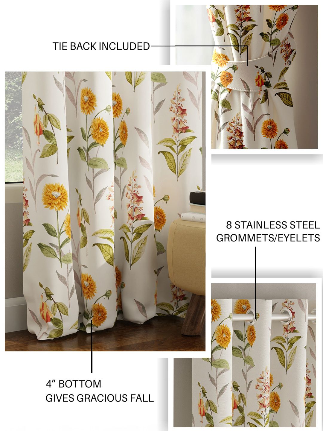 URBAN SPACE Pack of 2 White & Yellow Floral Printed Room Darkening Window Curtain