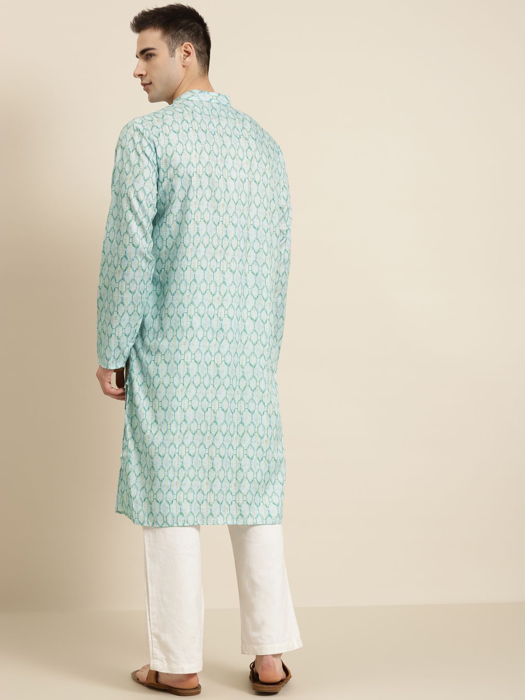 SOJANYA Men Sea Green & Beige Pure Cotton Geometric Printed Kurta
