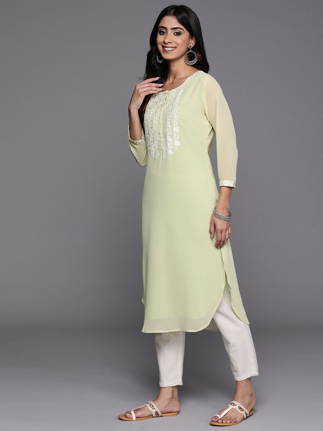 Libas Floral Embroidered Thread Work Pastel Pure Georgette Kurta