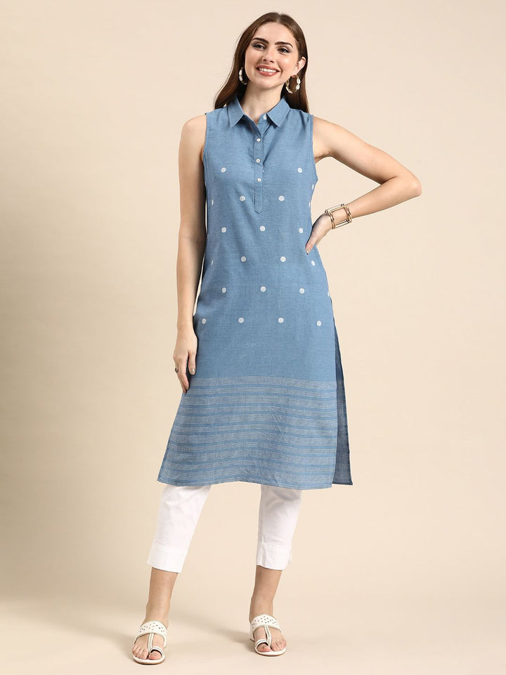 Anouk Woven Design Shirt Collar Pure Cotton Kurta