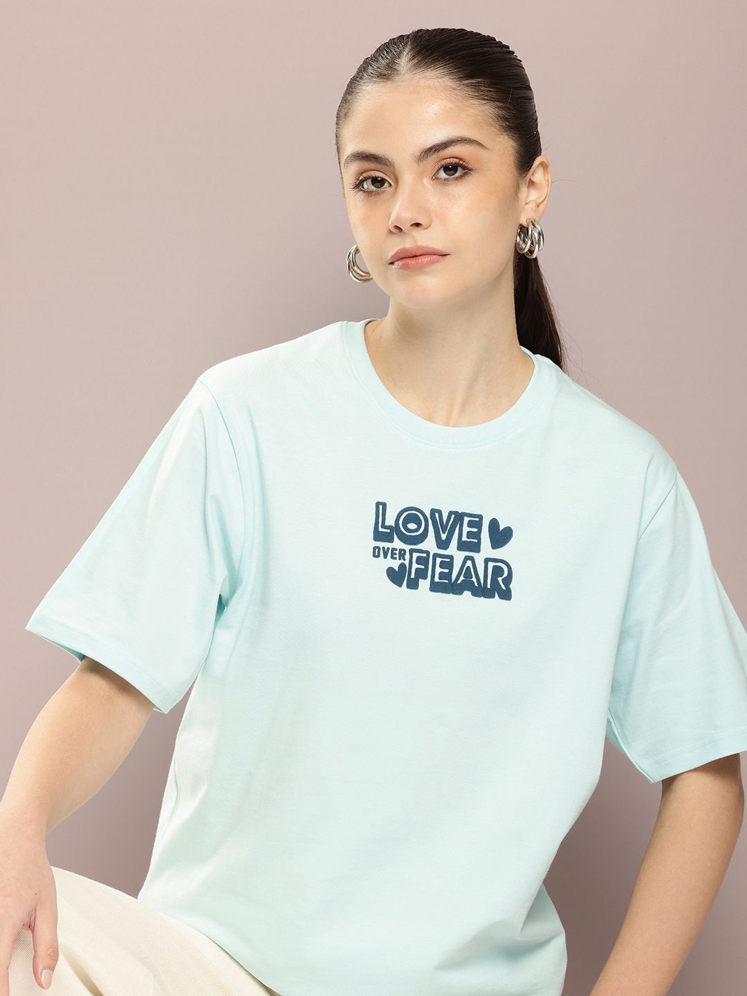 DILLINGER Women Typography Printed Embossed Oversized T-shirt