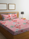 KLOTTHE Pink Floral Cotton 300 TC Fitted King Fine Bedsheet with 2 Pillow Covers-98 x 89 inches