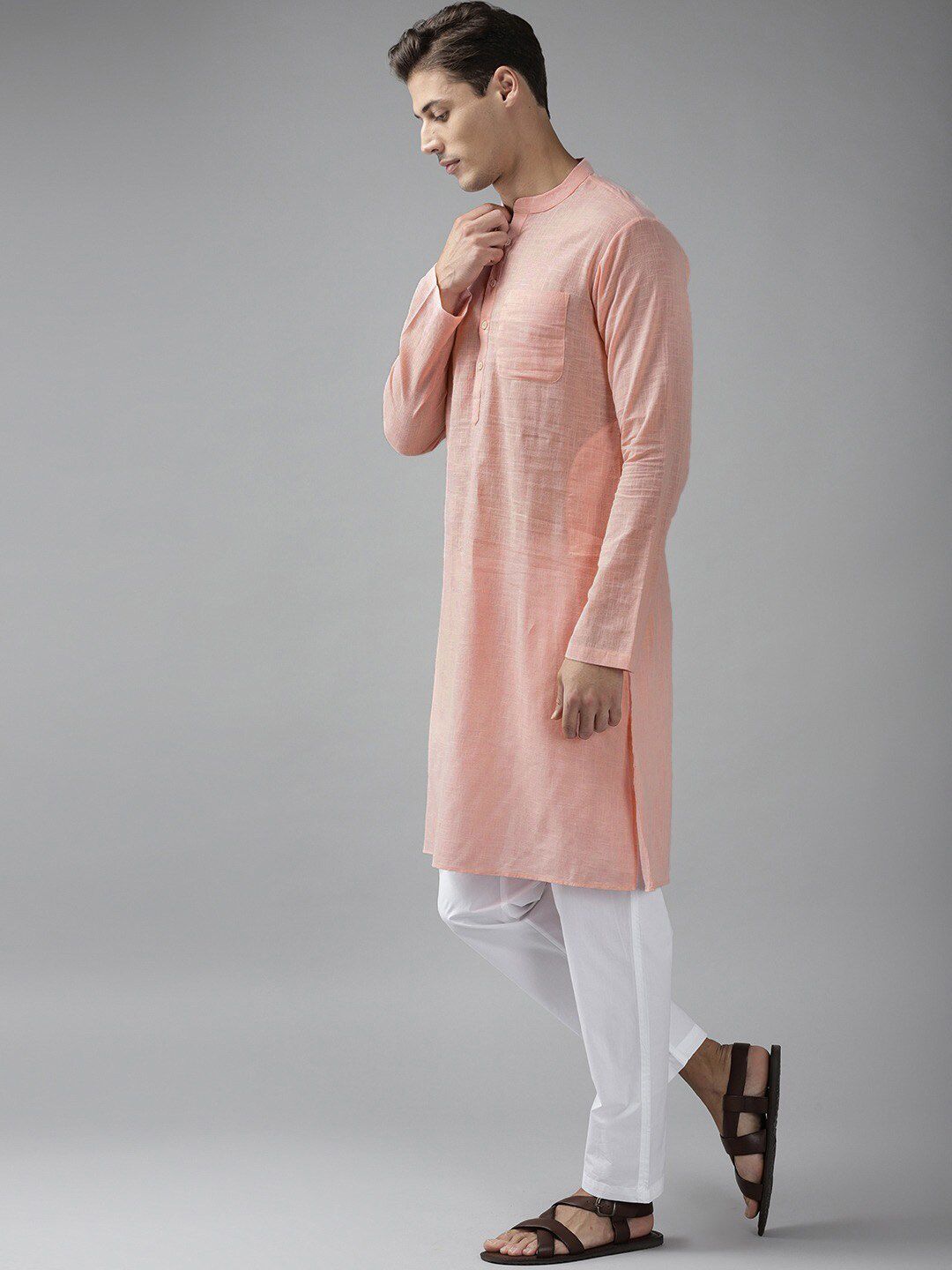 See Designs Men Pink Straight Cotton Kurta